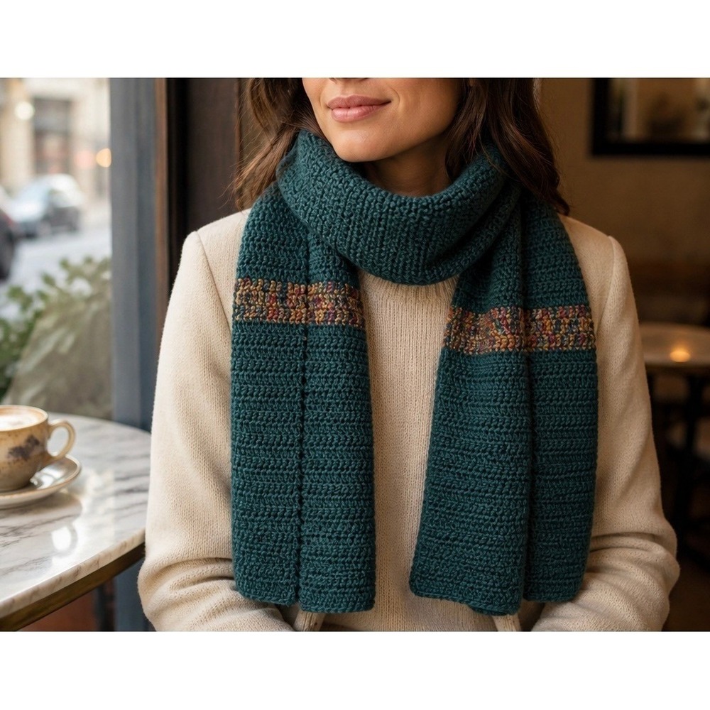 Crochet Scarf Shawl Womens Forest Green Excellent Chunky Hand Knit Artisanal